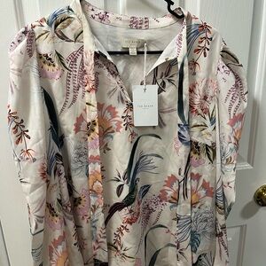 Ted Baker White and Pink 3/4 Sleeve Tie Front Polo Blouse